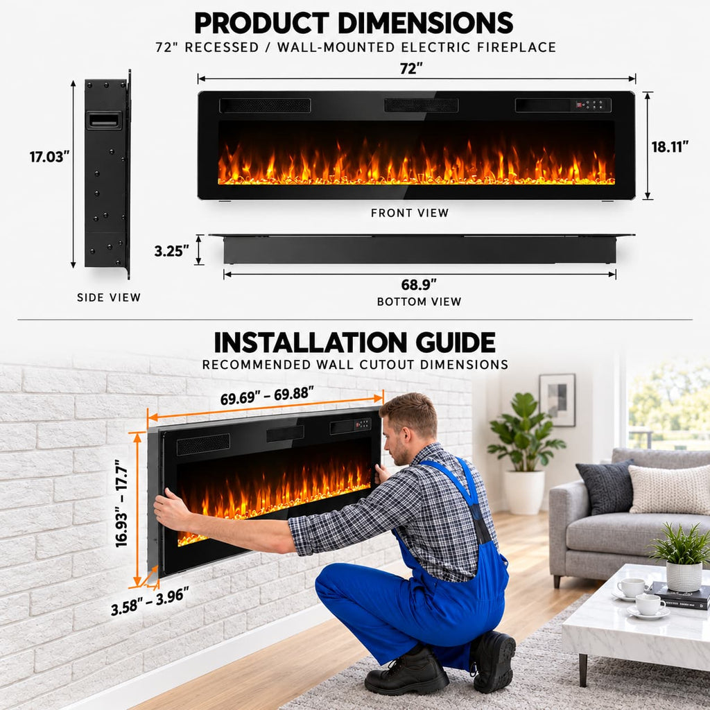 72 inch Ultra-Thin Silence Linear Electric Fireplace, Recessed Wall Mounted Fireplace, Fit for 2 x 4 and 2 x 6, Customized