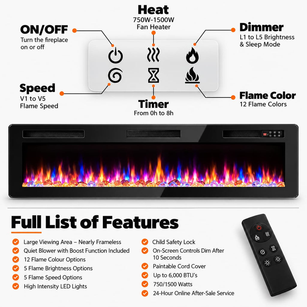 72 inch Ultra-Thin Silence Linear Electric Fireplace, Recessed Wall Mounted Fireplace, Fit for 2 x 4 and 2 x 6, Customized