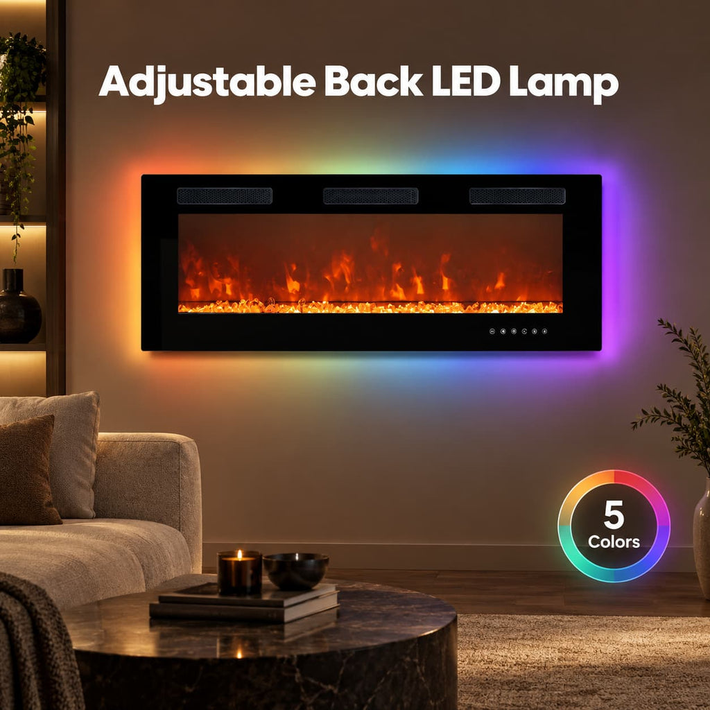 50 Inch Electric Fireplace Indoor Built in Led Light Insert Wall Mount Fireplace Decorative Flame Adjustable Timer Room Heater