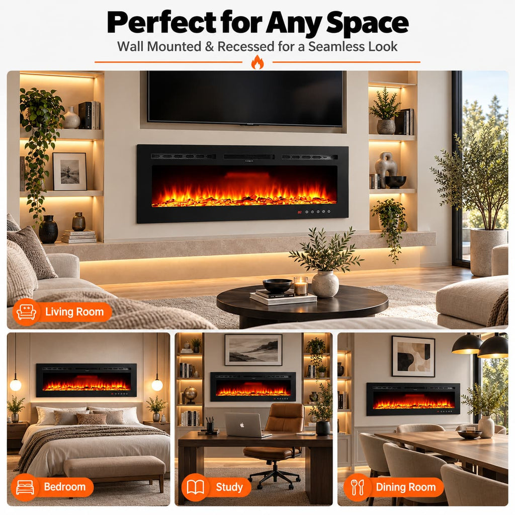 50 Inch Wall Mounted Electric Fireplace Insert Recessed Heater 750W 1500W with 12 Flame Colors 5 Speed Brightness Adjustable Remote Control Touch Screen Timer for Bedroom Living Room