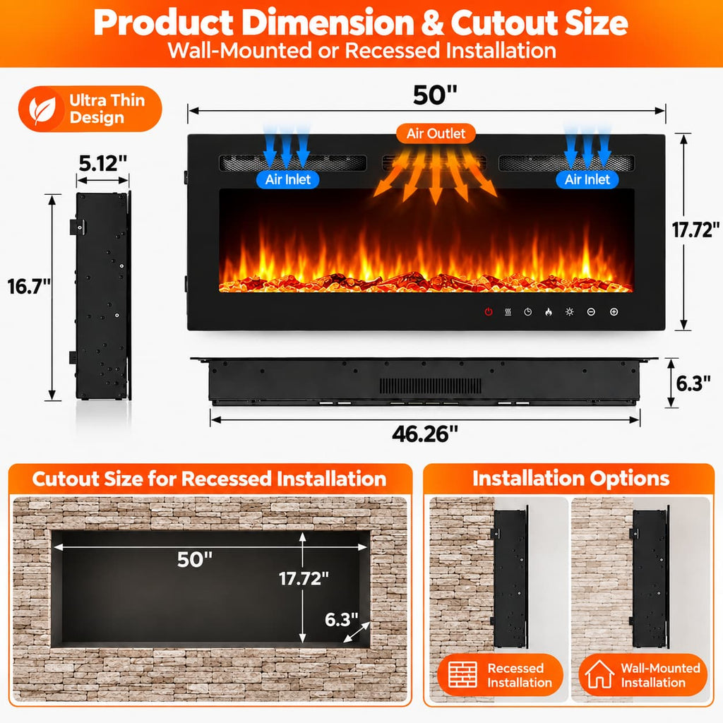 50 Inch Wall Mounted Electric Fireplace Insert Recessed Heater 750W 1500W with 12 Flame Colors 5 Speed Brightness Adjustable Remote Control Touch Screen Timer for Bedroom Living Room