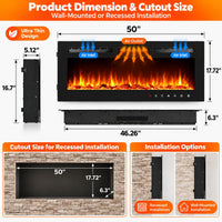 50 Inch Wall Mounted Electric Fireplace Insert Recessed Heater 750W 1500W with 12 Flame Colors 5 Speed Brightness Adjustable Remote Control Touch Screen Timer for Bedroom Living Room