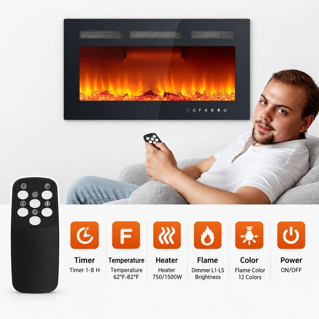 30" Wall Mount/Recessed Electric Fireplace with Remote & Touch Screen – 12 Flame Colors, Timer, Quiet 750W/1500W Heater