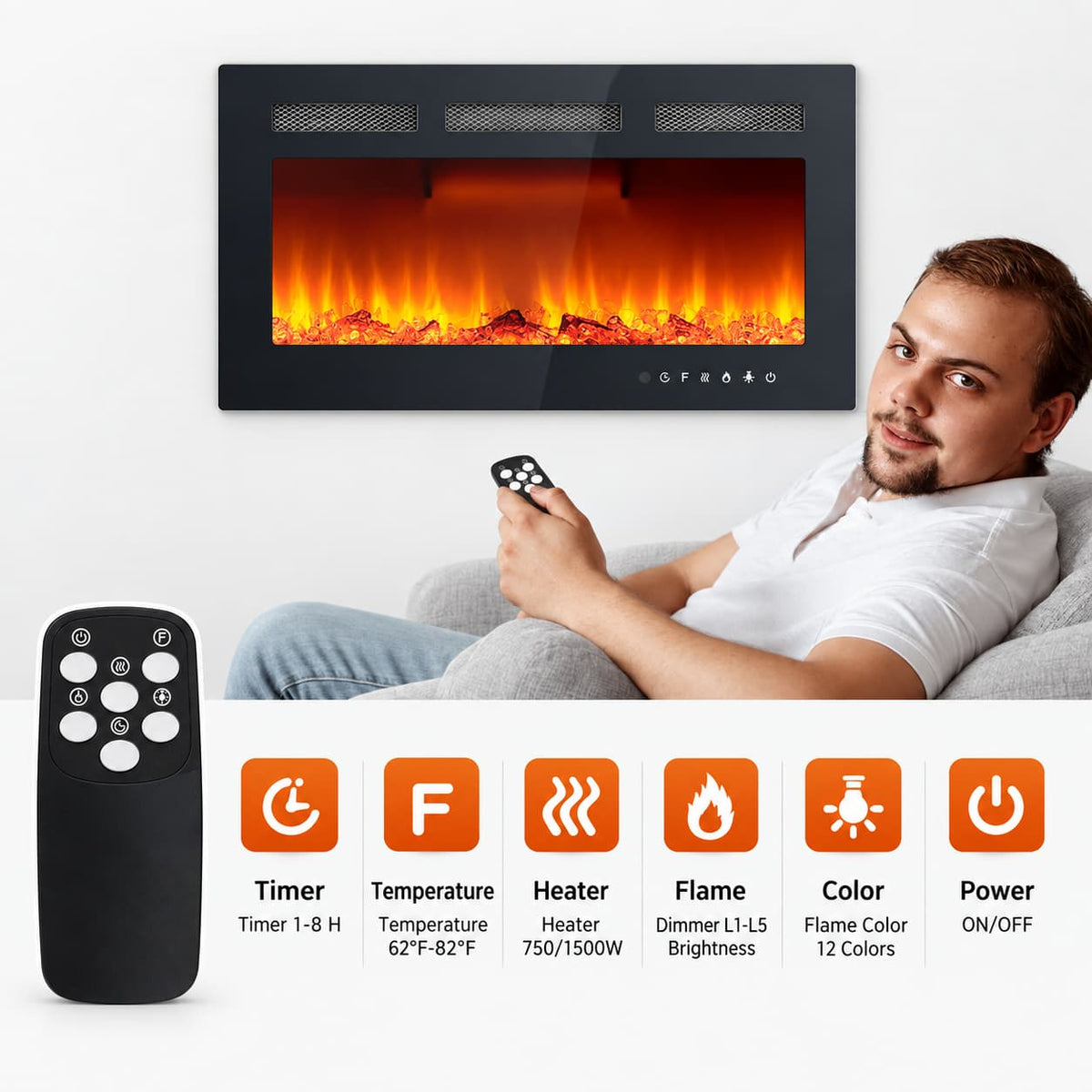 30" Wall Mount/Recessed Electric Fireplace with Remote & Touch Screen – 12 Flame Colors, Timer, Quiet 750W/1500W Heater