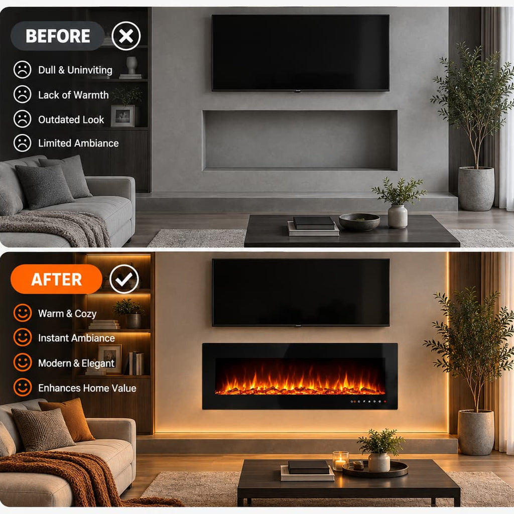 50 Inch Wall Mounted Electric Fireplace Insert Recessed Heater 750W 1500W with 12 Flame Colors 5 Speed Brightness Adjustable Remote Control Touch Screen Timer for Bedroom Living Room