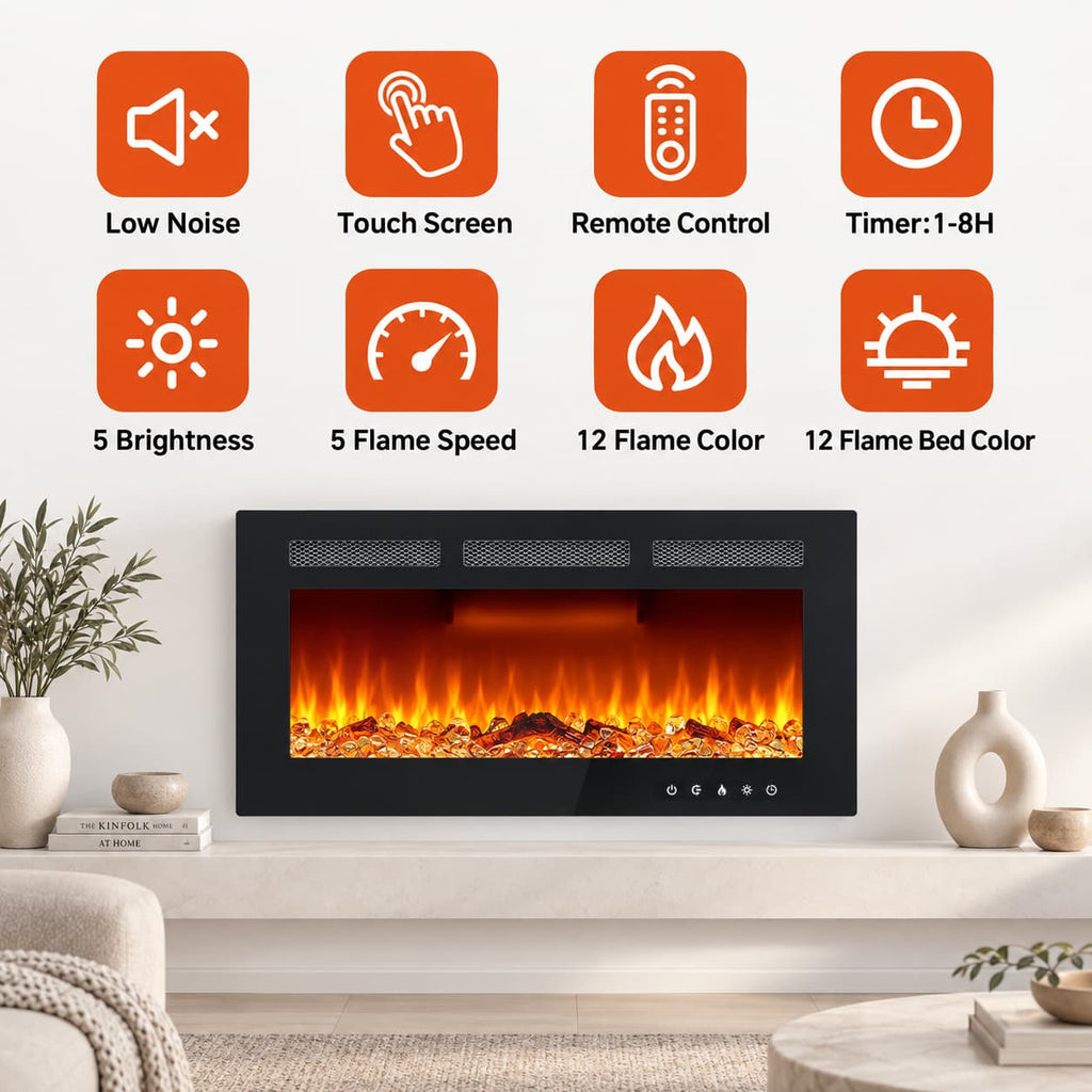 30" Wall Mount/Recessed Electric Fireplace with Remote & Touch Screen – 12 Flame Colors, Timer, Quiet 750W/1500W Heater
