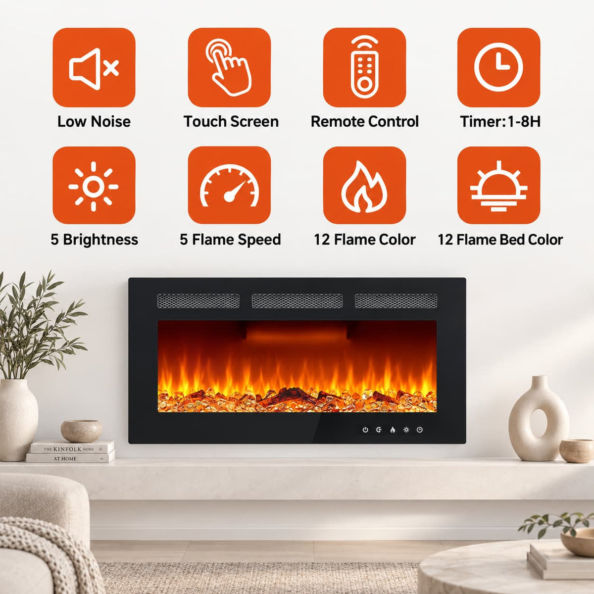 30" Wall Mount/Recessed Electric Fireplace with Remote & Touch Screen – 12 Flame Colors, Timer, Quiet 750W/1500W Heater