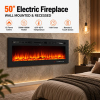 50 Inch Wall Mounted Electric Fireplace Insert Recessed Heater 750W 1500W with 12 Flame Colors 5 Speed Brightness Adjustable Remote Control Touch Screen Timer for Bedroom Living Room