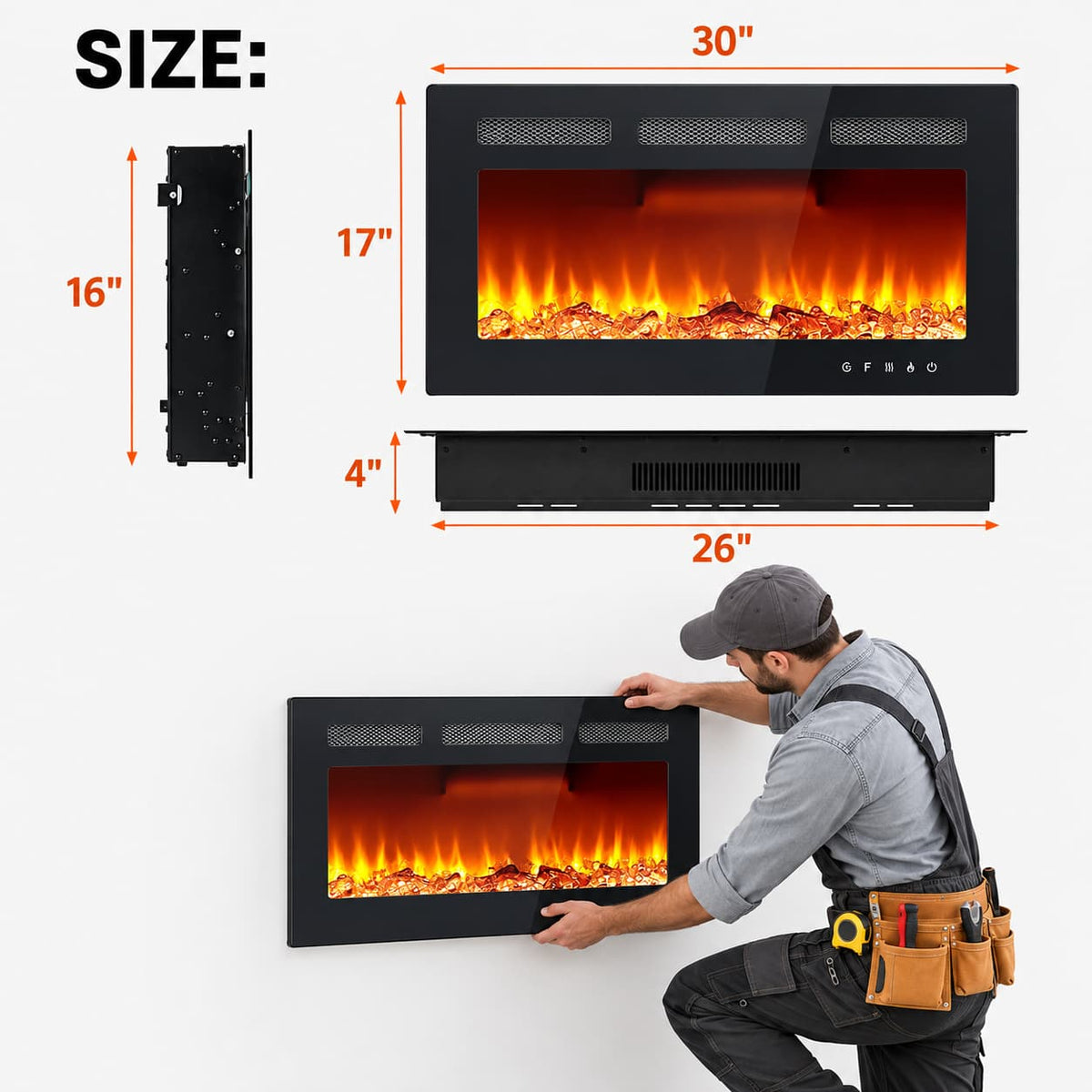 30" Wall Mount/Recessed Electric Fireplace with Remote & Touch Screen – 12 Flame Colors, Timer, Quiet 750W/1500W Heater