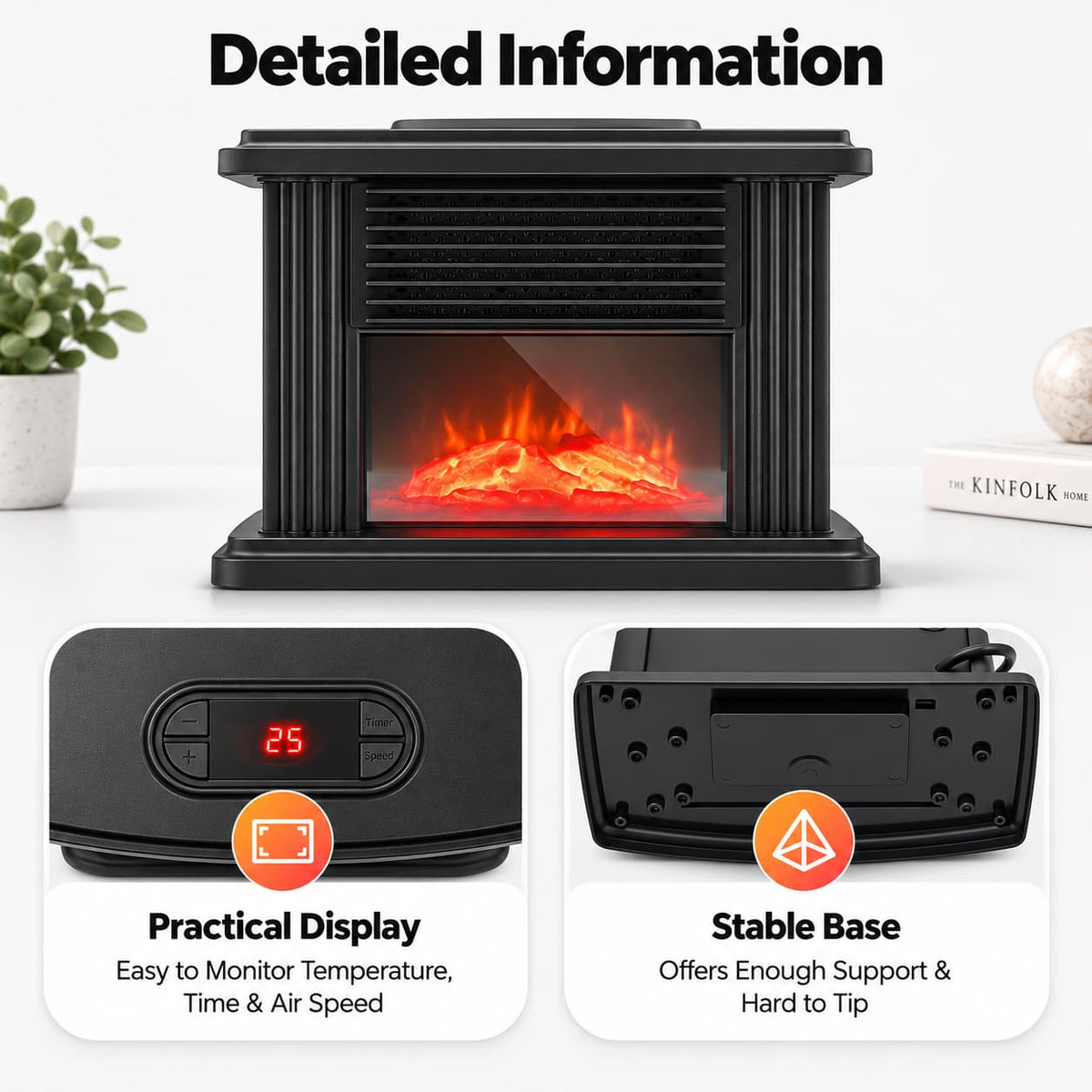 1000w Third Gear Fireplace Space Heater, Freestanding 110 ~ 220 V Electric Fireplace, Aluminum Heat Dissipation Type Warmer Fan for Living Rooms, Bedrooms, Basements