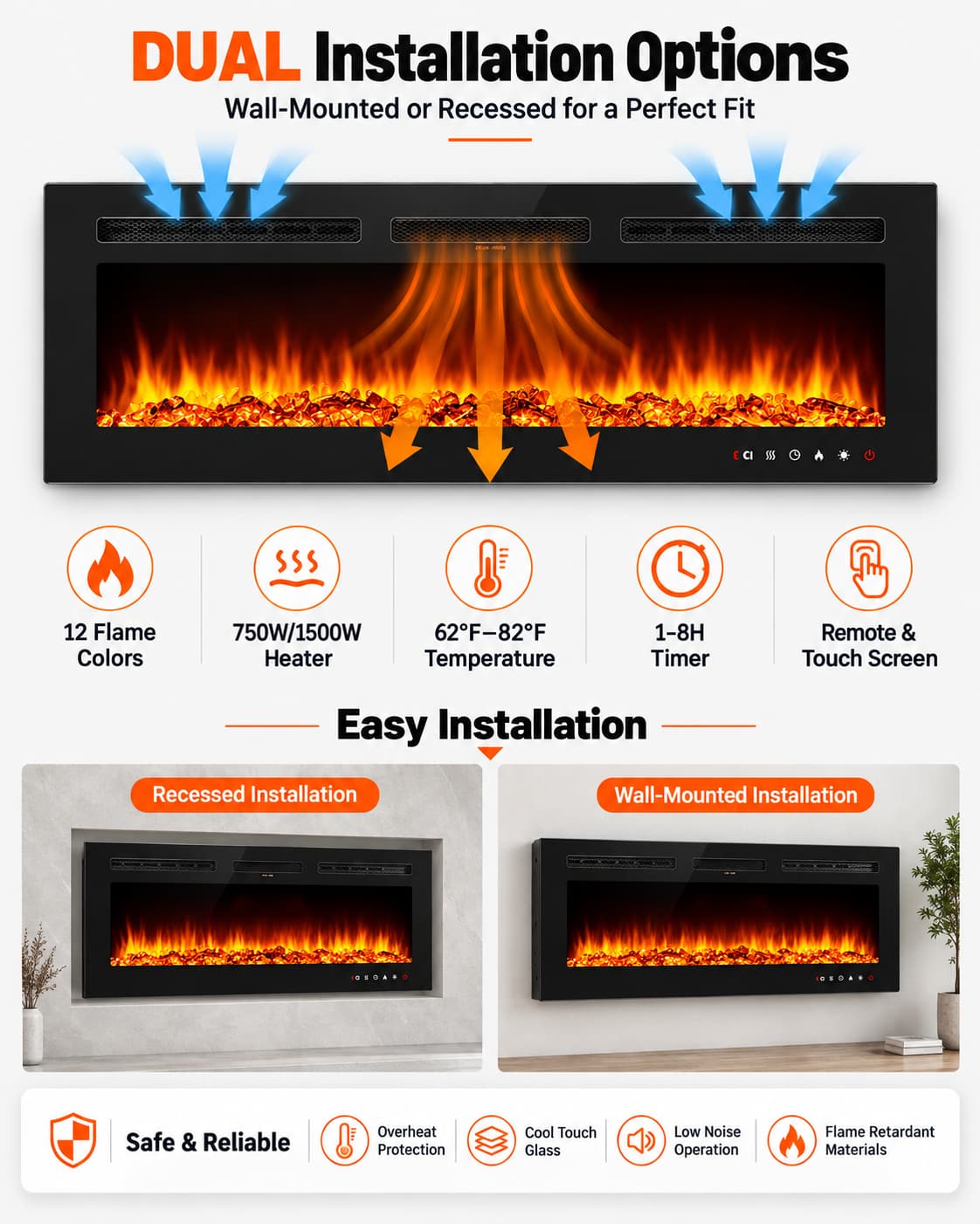 50 Inch Wall Mounted Electric Fireplace Insert Recessed Heater 750W 1500W with 12 Flame Colors 5 Speed Brightness Adjustable Remote Control Touch Screen Timer for Bedroom Living Room