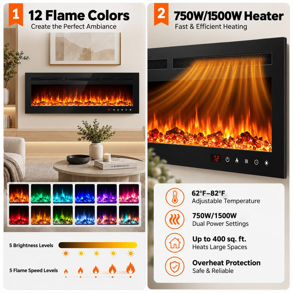 50 Inch Wall Mounted Electric Fireplace Insert Recessed Heater 750W 1500W with 12 Flame Colors 5 Speed Brightness Adjustable Remote Control Touch Screen Timer for Bedroom Living Room