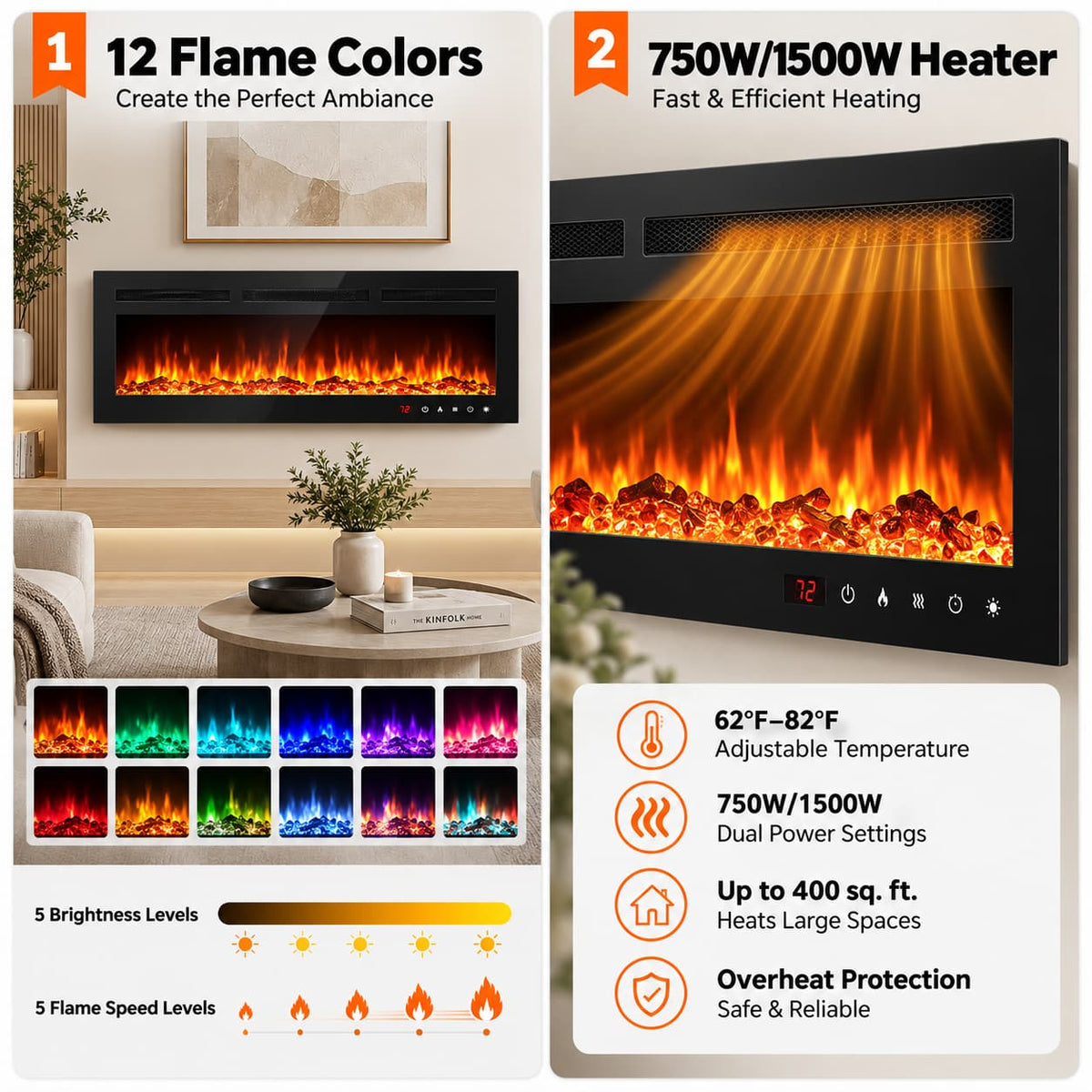 50 Inch Wall Mounted Electric Fireplace Insert Recessed Heater 750W 1500W with 12 Flame Colors 5 Speed Brightness Adjustable Remote Control Touch Screen Timer for Bedroom Living Room