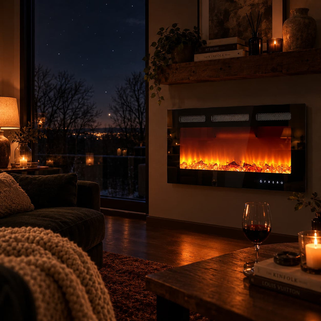 30" Wall Mount/Recessed Electric Fireplace with Remote & Touch Screen – 12 Flame Colors, Timer, Quiet 750W/1500W Heater