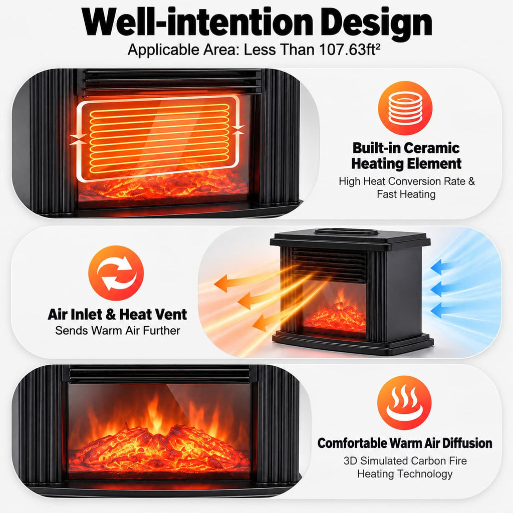 1000w Third Gear Fireplace Space Heater, Freestanding 110 ~ 220 V Electric Fireplace, Aluminum Heat Dissipation Type Warmer Fan for Living Rooms, Bedrooms, Basements