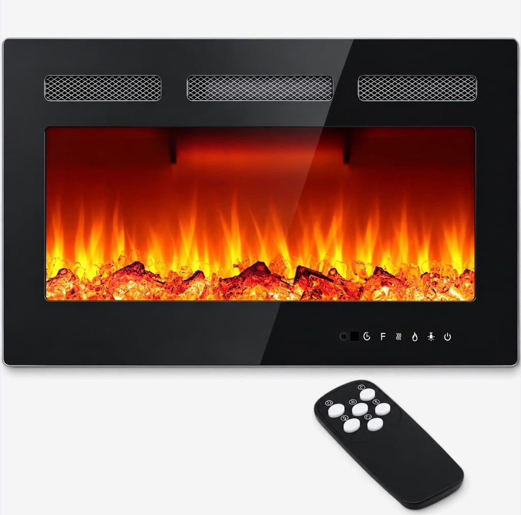 30" Wall Mount/Recessed Electric Fireplace with Remote & Touch Screen – 12 Flame Colors, Timer, Quiet 750W/1500W Heater